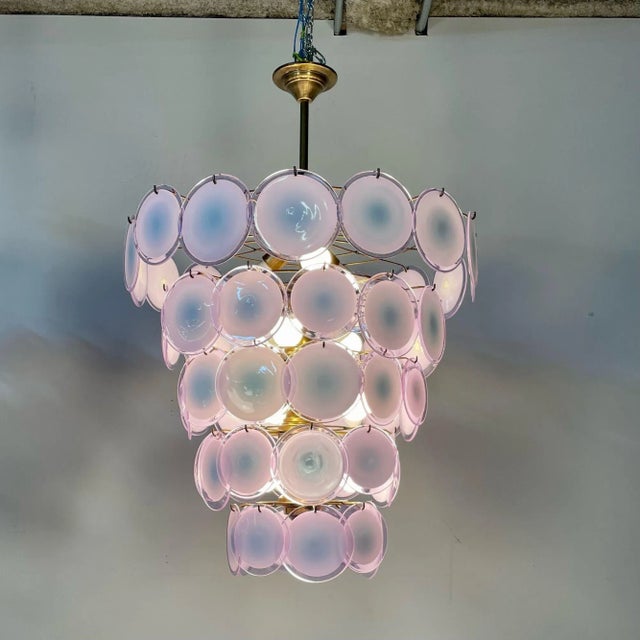 1960s Pair Murano Disc Mid-Century Modern Tiered Chandelier, Antiqued Brass, New Wired For Sale - Image 5 of 13
