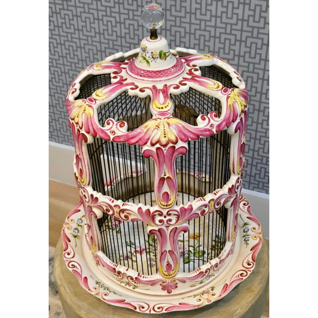 Victorian Large French Rococo Hand-Painted Porcelain Bird Cage With Original Floral Tray & Bird For Sale - Image 3 of 17