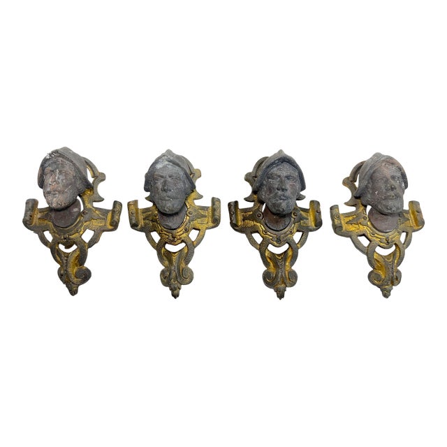 4 Antique Ornate Victorian Face Gilt Bronze Metal Salvage Hardware Appliques For Sale