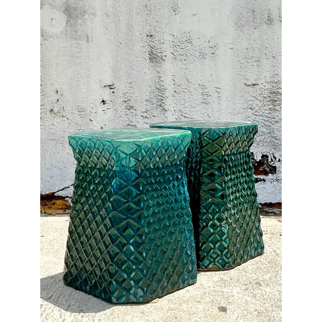 Vintage Boho Glazed Ceramic Trellis Low Stools - A Pair For Sale - Image 9 of 11