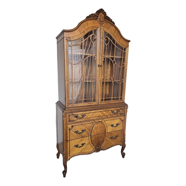 Vintage Burl Wood, French Provincial Display Cabinet, Louis XV Style ,1930s For Sale