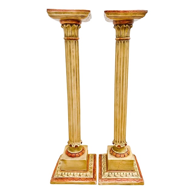 Vintage Classical Venetian Cream and Red Pedestal Columns - A Pair For Sale