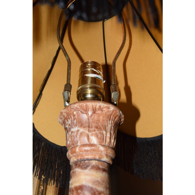 Early 20th Century Pair of Carved Red Marble Column Lamps With Black Fringe Shades (Early 20th C.) For Sale - Image 5 of 8