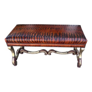 1980s Therien Workshops for Dessin Fournir Leather Upholstered Carved Italian Bench For Sale