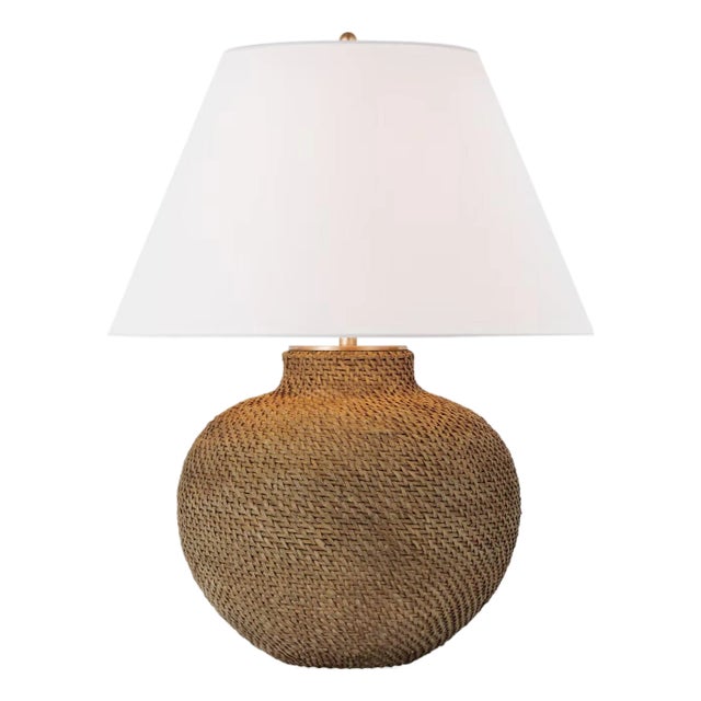 Marie Flanigan by Visual Comfort Signature Avedon Medium Table Lamp in Natural Rattan with Linen Shade For Sale