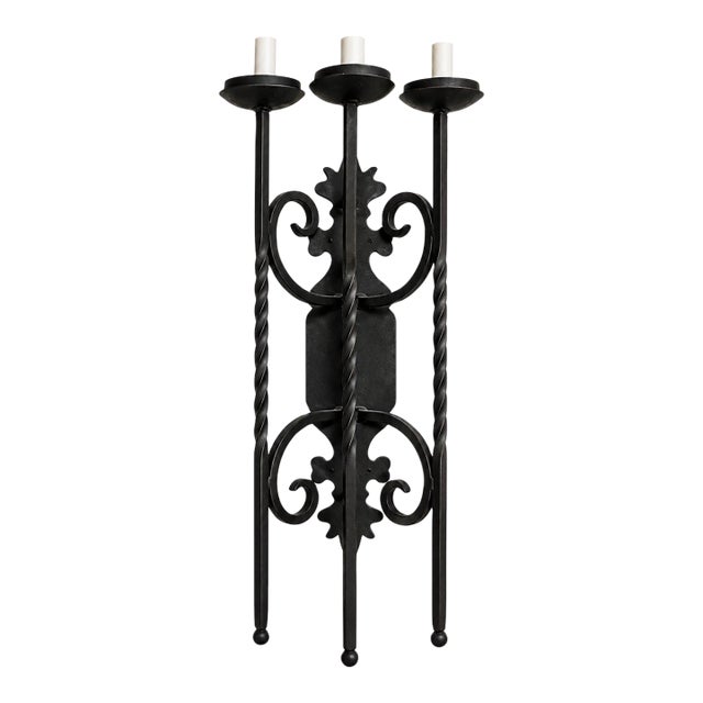 Vintage Gothic Style Black Wrought Iron 3-Light Wall Sconce Electric Candles For Sale