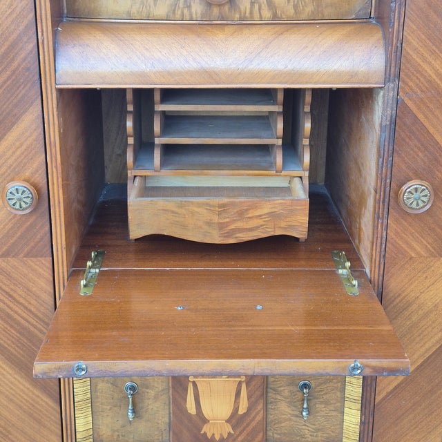 Brown 1930s Art Deco Waterfall Double Chifferobe Armoire W/ Secretary Desk For Sale - Image 8 of 16