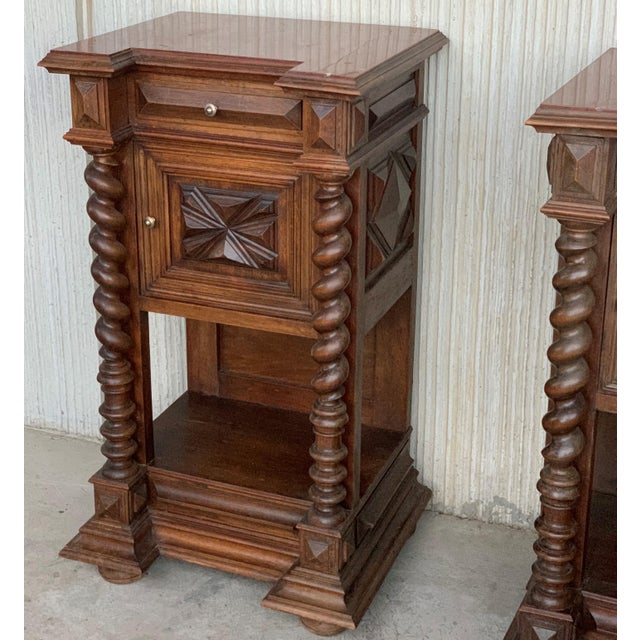 Mid 19th Century Pair of Solid Carved Brutalist French Nightstands with Solomonic Columns For Sale - Image 9 of 18