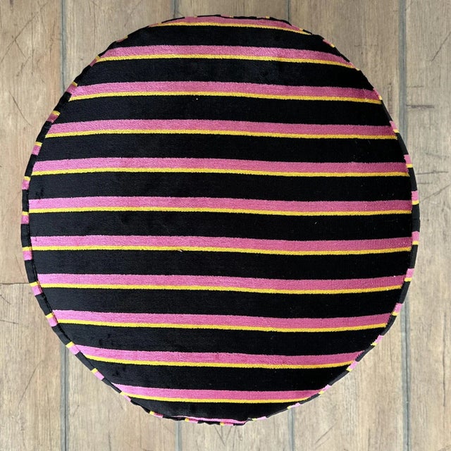Modern Pink and Yellow Striped Black Velvet Pouf, 2000s For Sale - Image 6 of 13