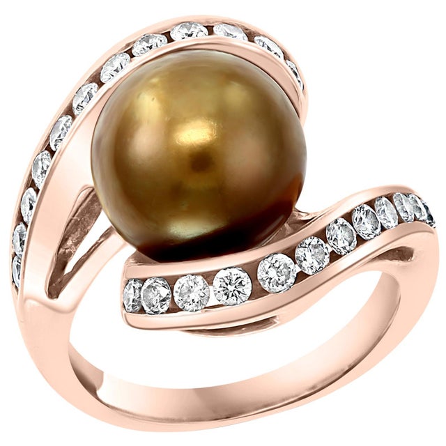 10 MM Chocolate Tahitian Pearl and Diamond Cocktail Ring 14 Karat Gold For Sale - Image 10 of 18
