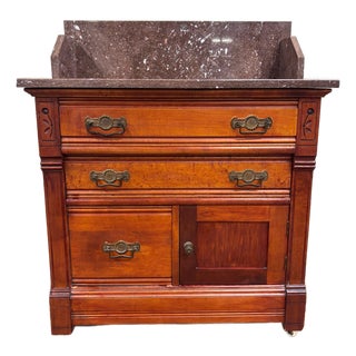 Antique Victorian Eastlake Marble Top Walnut Chest Nightstand Washstand Commode For Sale