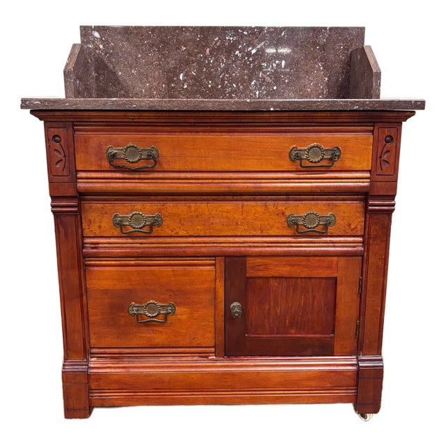 Antique Victorian Eastlake Marble Top Walnut Chest Nightstand Washstand Commode For Sale