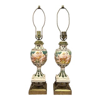 Pair of Vintage Mid Century Italian Capodimonte Table Lamps With Putti For Sale