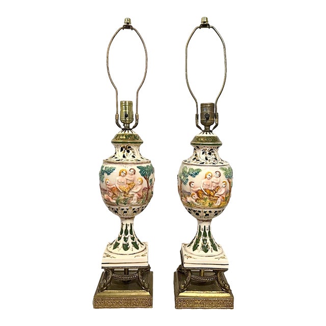 capodimonteカポディモンテ　Bedin『春の訪れ』イタリア　高29cm Pair of Vintage Mid Century Italian Capodimonte Table Lamps