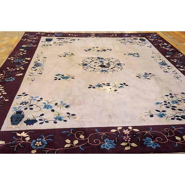 Antique Art Deco Chinese rug. Measures: 8'10"x 11'6". Rectangle 1920s Knotted Room Size Ivory Wool Chinese Antique - Art...