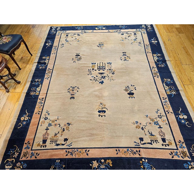 Antique Chinese Peking Rug, Hand-Knotted Wool Pile, Pale Tan & Blue, 9' x 12' For Sale - Image 11 of 18