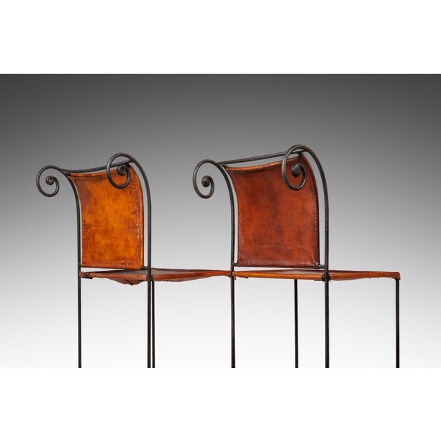 Brown Set of Two (2) Counter Height Wrought Iron Spanish Hacienda Barstools With Hand-Worked Full Grain Leather, C. 1960s For Sale - Image 8 of 18