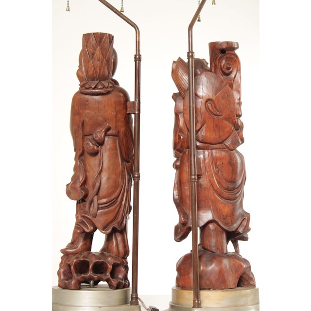 Wood Vintage Pair Of Carved Hard Wood Chinese Figural Table Lamps With Brass Hardware For Sale - Image 7 of 12