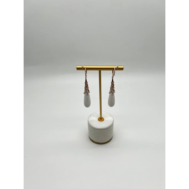 White Agate Cabochon White Pave Diamonds 18 Karat Rose Gold Unique Drop Earrings, A Pair For Sale In Washington DC - Image 6 of 9