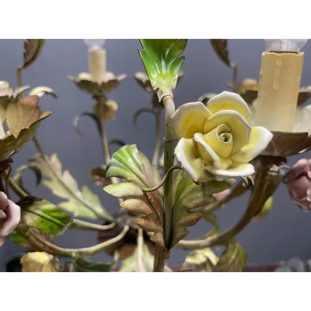 Italian Tole & Ceramic Floral Chandelier, 1960s For Sale - Image 12 of 18