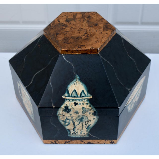 Wood Vtg. Hexagonal Shaped Box With Asian Style Vessels For Sale - Image 7 of 15