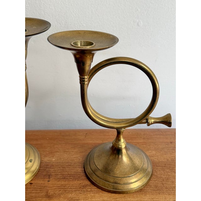 Brass French Horn Candlestick Holders, a Pair For Sale - Image 4 of 8