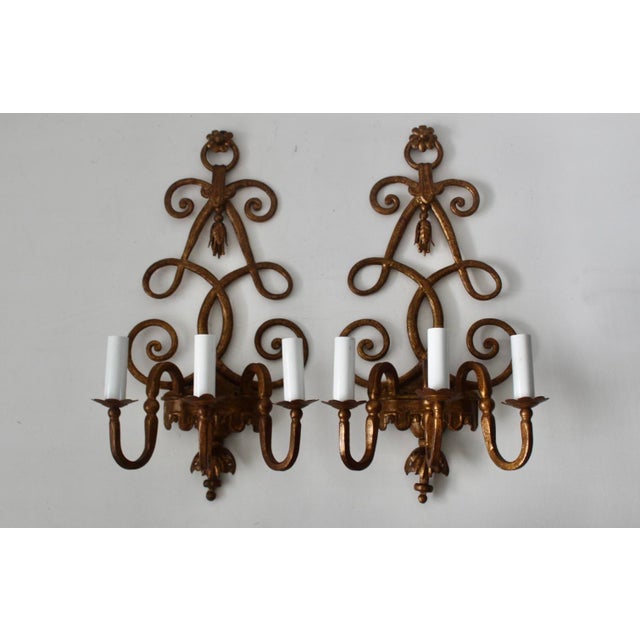 Gold Vintage Italian Florentine Style Gold Finished Scrolling Arms Electric Wall Sconces- A Pair For Sale - Image 8 of 15