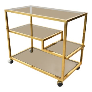 Serving Bar Cart in Brass and Smoked Glass, Italy, 1970s For Sale