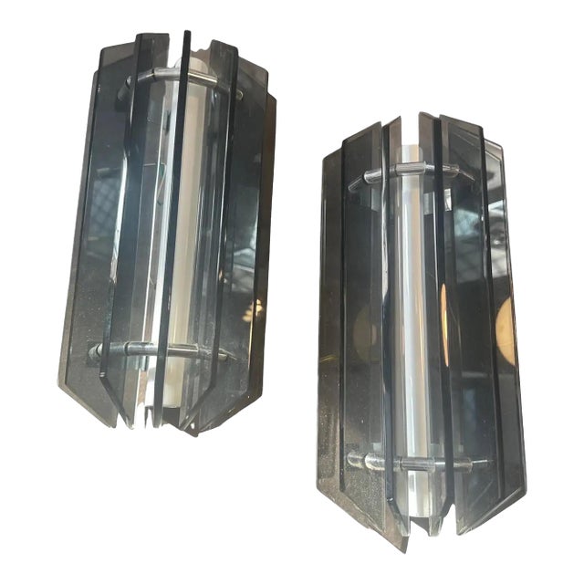 1960s Space Age Gray Glass and Steel Wall Sconces by Veca For Sale