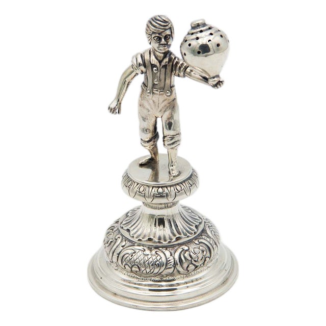 Silver Toothpick Holder with Child Playing Spinning Top For Sale
