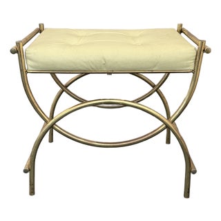 Hollywood Regency Brass Toned Tufted Vinly Curule Vanity Stool For Sale