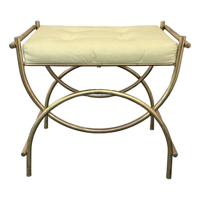 Hollywood Regency Brass Toned Tufted Vinly Curule Vanity Stool For Sale