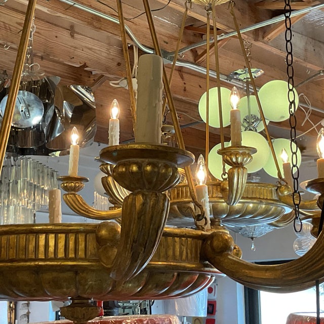 Large 40" Custom Italian Carved Wood and Gold Leaf Chandelier Pair For Sale In West Palm - Image 6 of 6