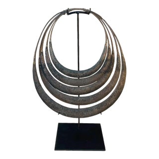 Late 20th Century Chinese Miao Silver Five Layer Engraved Ceremonial Necklace on Iron Stand For Sale