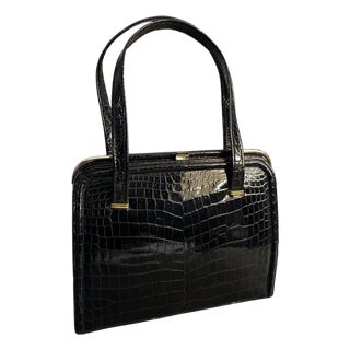 1950s Vintage Black Leather and Brass Italian Top Handle Bag by Albanese Milano For Sale