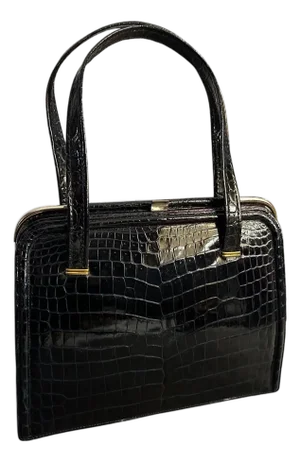 1950s Vintage Black Leather and Brass Italian Top Handle Bag by Albanese Milano