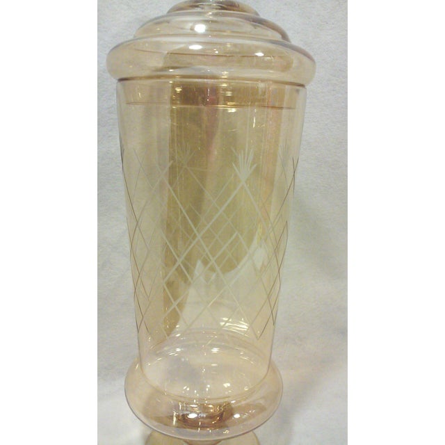 Transitional Vintage Tall Iridescent Etched Glass Footed Apothecary Jar For Sale - Image 3 of 5