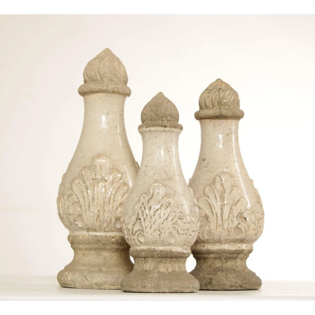 Quality Vintage Set of Three Cast Stone Decorative Objects with White Crackle Glazing, Classical Acanthus and Fire Flame...