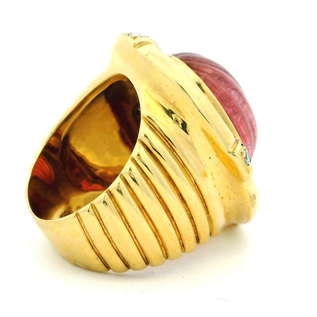 Contemporary Vintage Italian 18k Gold Carved Rubellite Tourmaline Diamond Bombe Ring, Size 7 For Sale - Image 3 of 10