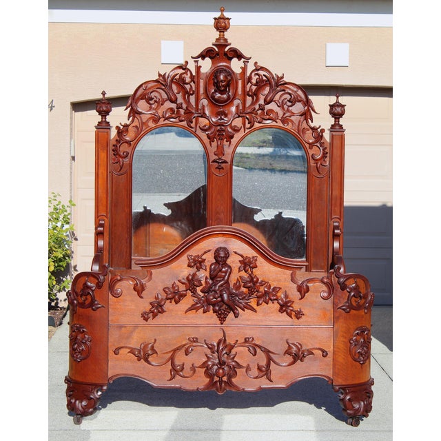 Mid 19th Century Monumental 19th Century Rococo Revival Bedroom Set – Hand Carved Queen Bed & Armoire – Museum Quality For Sale - Image 5 of 18