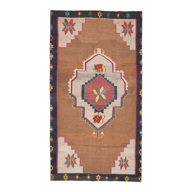 1970s Vintage Turkish Oushak Handmade Wool Cotton Brown Area Rug For Sale