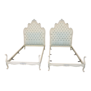 Pair Tufted French Louis XV Painted Silk/Damask Paint Decorated Twin Size Beds