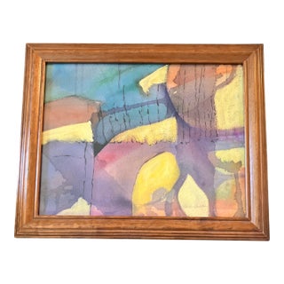 1970’s Original Abstract Landscape Watercolor Painting Oak Frame For Sale
