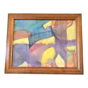 1970’s Original Abstract Landscape Watercolor Painting Oak Frame
