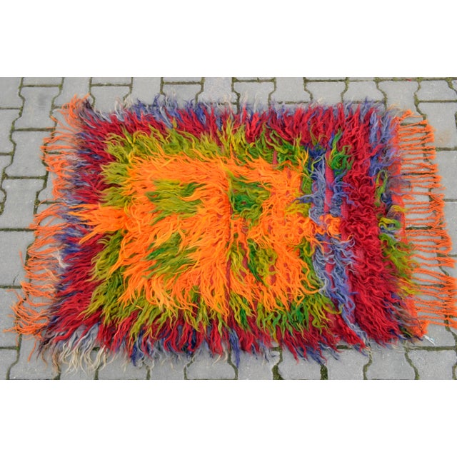 Mid-Century Modern Turkish Hand-Knotted Shaggy Rug Mohair Wool Tulu Rug - 2′9″ × 3′11″ For Sale - Image 3 of 11
