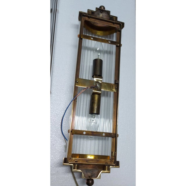 Metal Pair Vintage Art Deco Skyscraper Wall Sconces Fixture Brass & Glass Rod Ship Light For Sale - Image 7 of 7