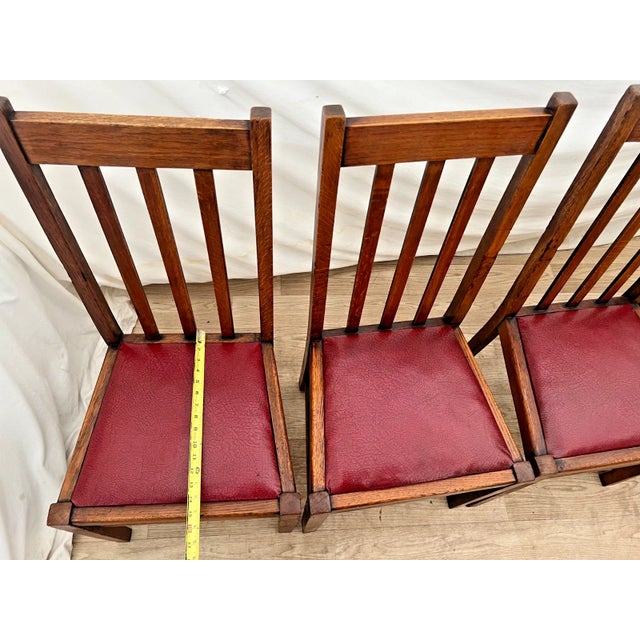 Antique Craftsman Chairs Set of Four, Spindle Back Solid Oak, Maroon Vinyl Seats For Sale - Image 9 of 10
