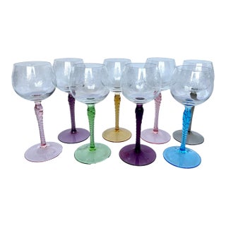 1960s Mid-Century Modern Etched Grapevine Rhine Wine Glasses - Set of 8 Harlequin For Sale