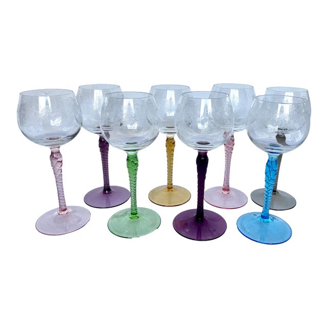 1960s Mid-Century Modern Etched Grapevine Rhine Wine Glasses - Set of 8 Harlequin For Sale