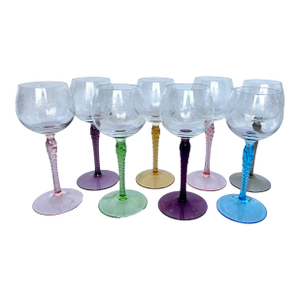 1960s Mid-Century Modern Etched Grapevine Rhine Wine Glasses - Set of 8 Harlequin